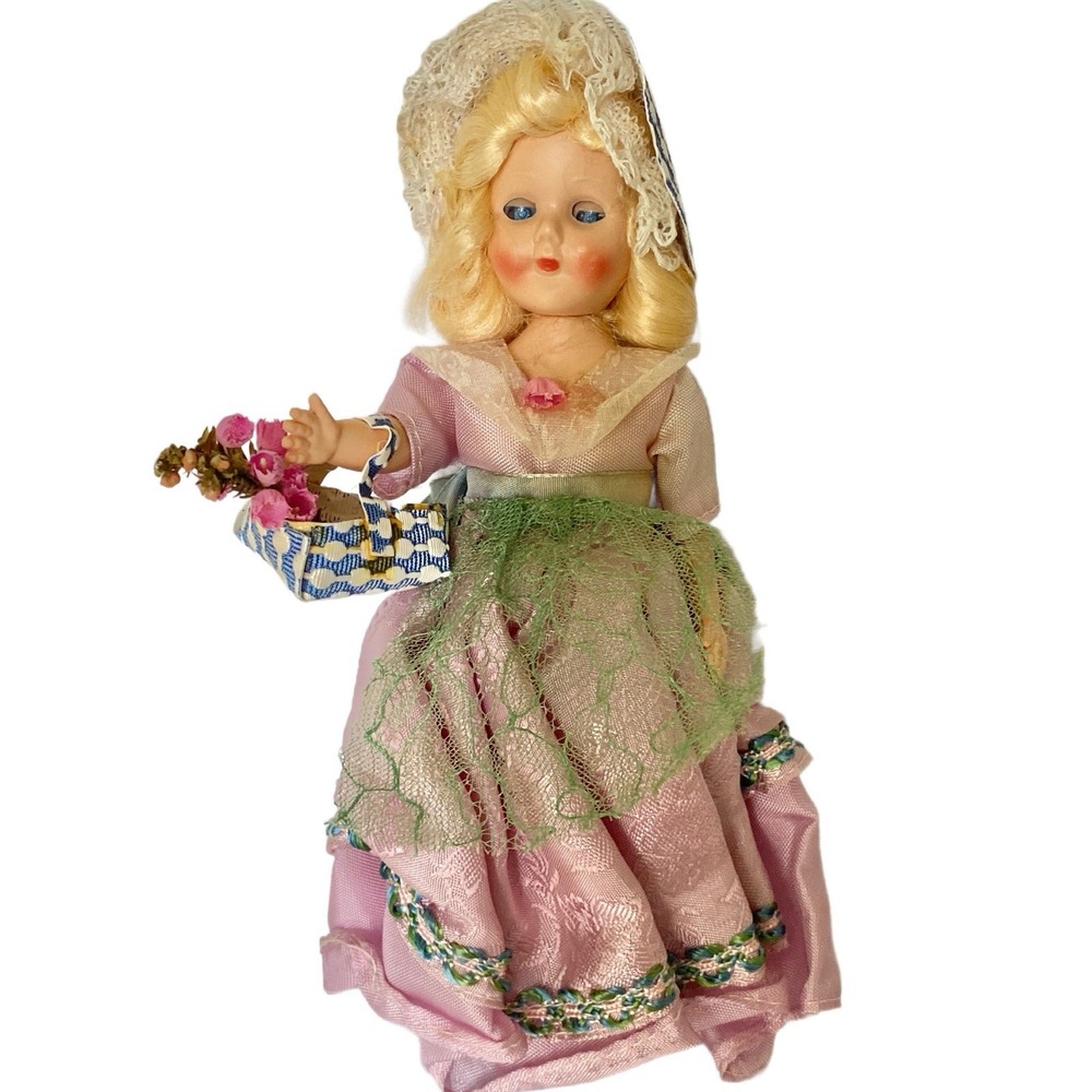 Vintage Austrian Folk Costume Doll Blond‎ Braids Basket Flowers Pink Dress Lace